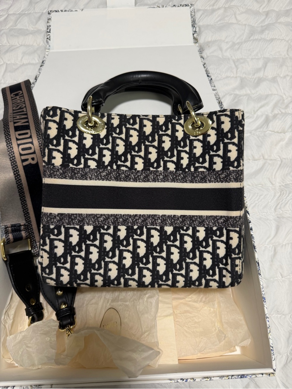 Dior Black & Cream Lady Dior Oblique Satchel with Strap - Picture 7 of 11